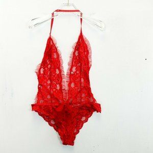Adore Me Red Lace Plunge Halter Bodysuit